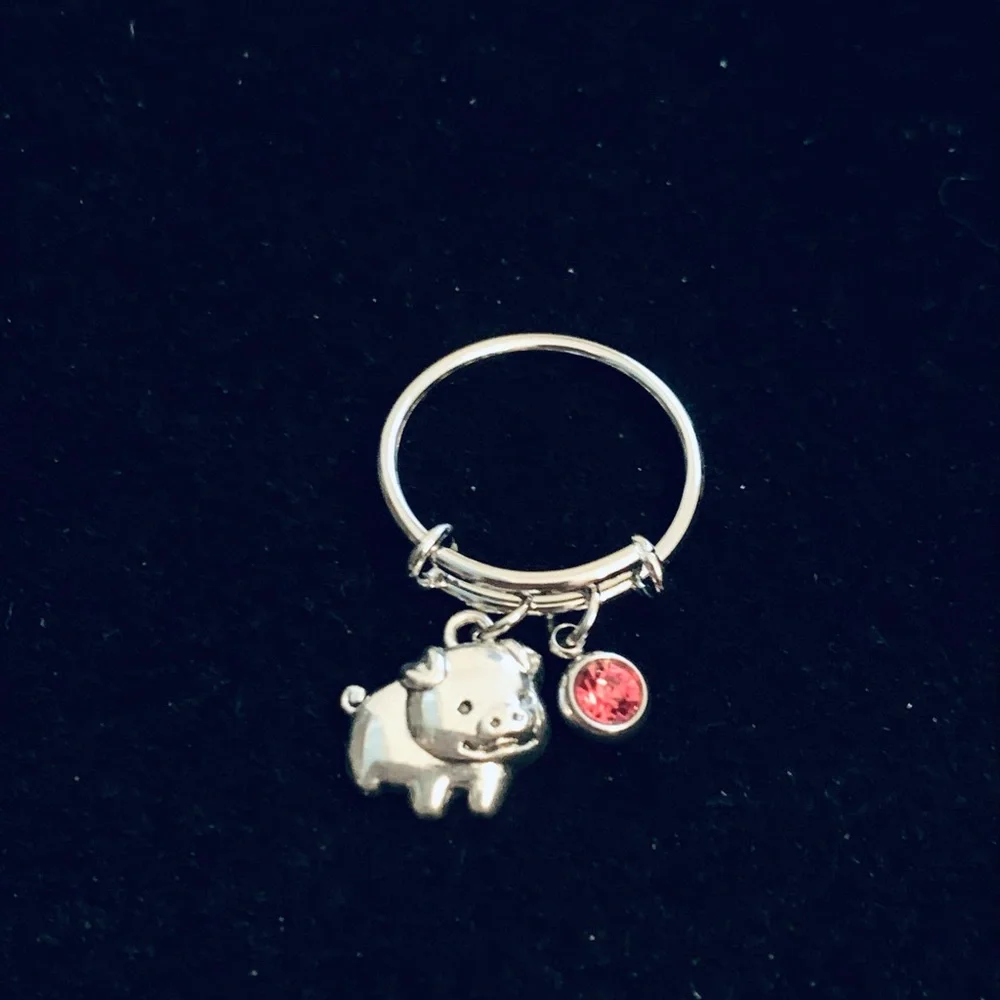 Pig charm dangle ring with birthstone charm